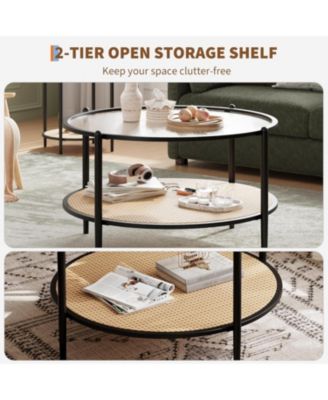 “30″ Rattan Coffee Table, 2 Tier Round End Table with Water Wave Glass & Storage – Modern”