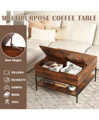 Flip-Top Coffee Table - Farmhouse Center Table with Hidden Compartment and Shelves for Living Room