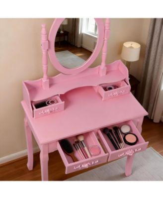 Princess Vanity Desk Set with 360 Rotating Mirror Cushioned Stool 4 Drawer Wooden Makeup Table for Girls Bedroom