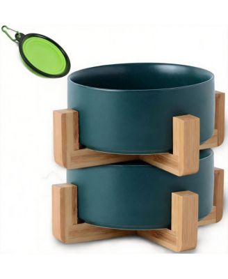 Ceramic Cat Dog Bowl Set With Stand Anti Slip 2 Bowls Dishwasher Microwave Safe Raised For Food Water
