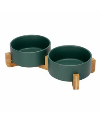 Ceramic Dog Cat Bowl Set with Wooden Stand Modern Weighted Food Water