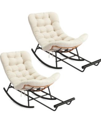 2Pcs Papasan Rocking Chair with Foot Rest, Oversized Papasan Chair with Thick Removable Cushion and Metal Frame, PE Rattan Rocker