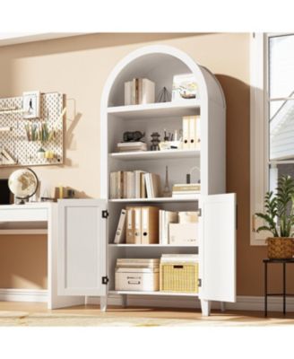 Arched Bookcase with Doors - 5 Tier Open Display Shelf with Rattan Decor, Modern Bookshelf Storage Cabinet for Home Office Living Room Library,