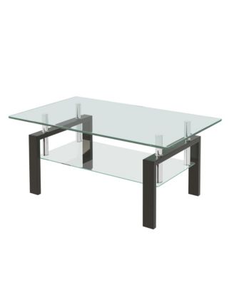 Rectangle 2-Tier Glass Coffee Table, Modern Small Center Table with Storage and Metal Legs for Living Room, Home Office