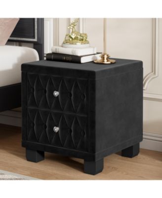Elegant Velvet Nightstand with 2 Drawers Crystal Handle Button Tufted Bedroom Storage Table