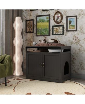 Cat Litter Box Enclosure with Hidden Plug – 2-Door Wooden Bench & Side Table, Esspresso