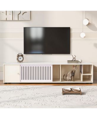 Modern Cream White TV Stand & Cat Litter Box Enclosure with Sliding Door