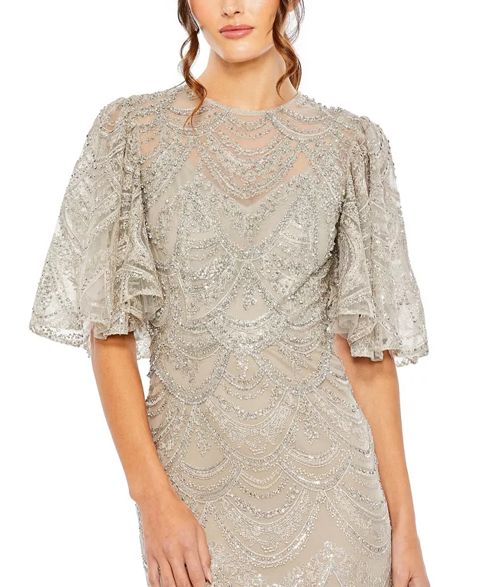 Women's Embellished Flutter Sleeve High Neck Gown - thumbnail 3