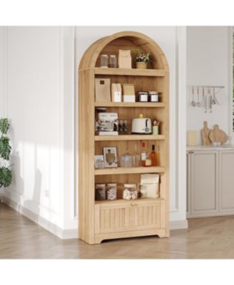 71" Tall Arched Book Shelf, 6 Tier Freestanding Bookshelf with Drawer and Open Display Shelves, Mid Century Modern Arched Bookcase