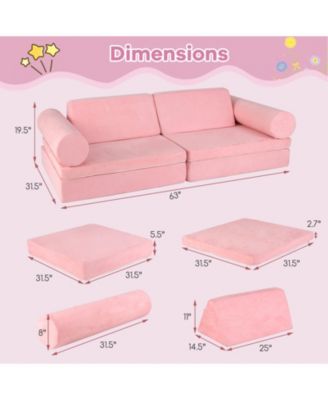 8 Pieces Kids Play Couch Foam Building Fort Play Set with Suede Cover-Pink