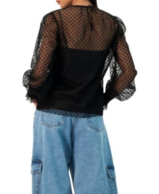 Women's See- Though Polka Dot Smock Sleeve Blouse