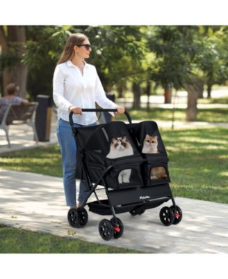 Double Pet Stroller w/ 2-seater Carrier Adjustable Sunshade Removable Pad