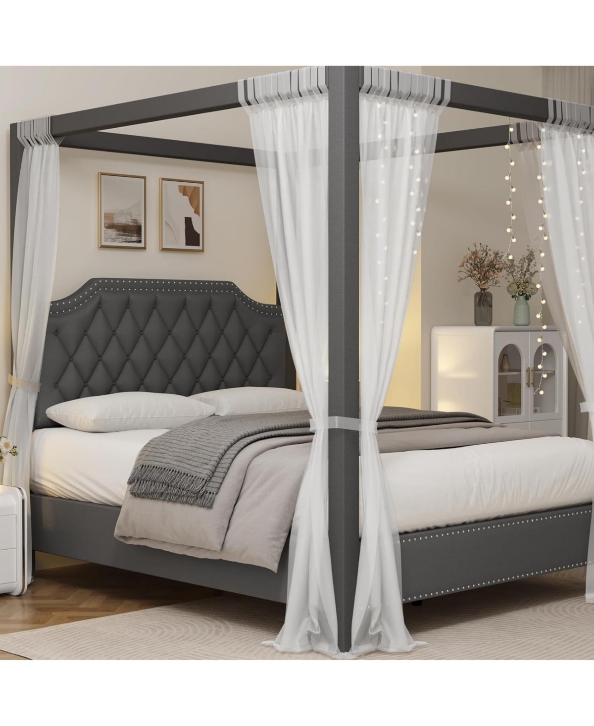 gaomon Canopy Bed Frame Nailhead Headboard Upholstered 4 Pole Bracket Wood Slats No Box Spring