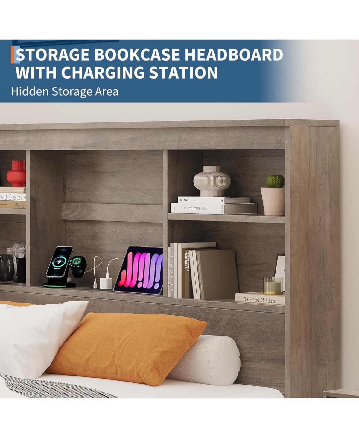 gaomon Full Bed Frame High Bookcase Headboard 4 Storage Drawers Charging Station No Box Spring Metal Frame