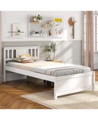 Wooden Platform Bed with Headboard and Wood Slat Support