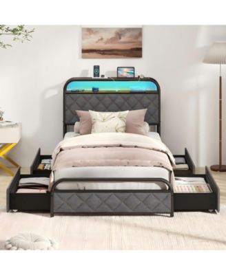 Platform Bed Frame with LED Lights and Charging Station