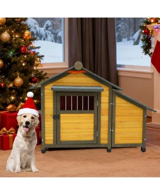 50" Solid Wood Dog House, Indoor and Outdoor Pet Shelter with Removable Thermal Curtain for Small or Medium Dogs