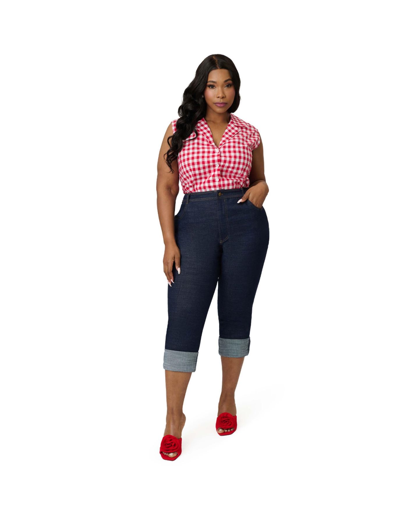 Женские блузки Unique Vintage Plus Size 1950s Commuter Set Collar, цвет: Красный / Белый — фото 4