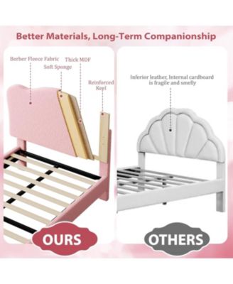 Twin Kids Velvet Upholstered Bed Frame Scallop Headboard Platform Wood Slats Noise Free No Box Spring