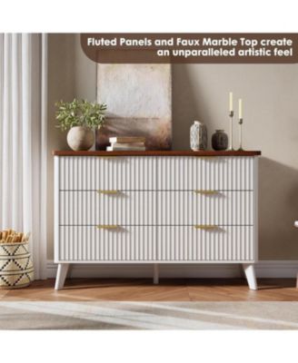 Modern Fluted 6 Drawer Dresser Curved Profile Gold Handles for Bedroom