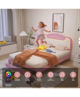 Upholstered Platform Bed with LED, Storage Drawers, Fabric Headboard, Wood Slats