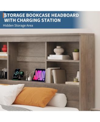 Queen Bed Frame with Bookcase Headboard 4 Drawers Charging Station No Box Spring Noise Free