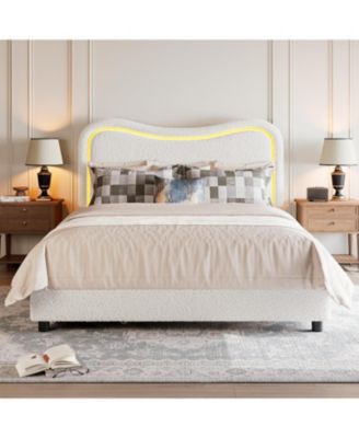 Boucle Queen Platform Bed Frame with 2 Storage Drawers, LED Upholstered Headboard, Wood Slats, Kids/Teens