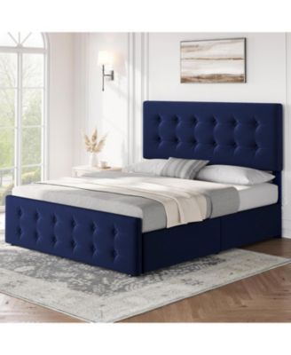 Platform Bed Frame with 4 Storage Drawers, Velvet Tufted Headboard, Wooden Slats No Box Spring