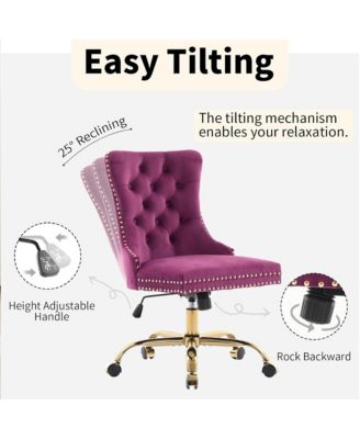 Velvet Upholstered Office Chair, Tufted Button Desk Chair, Adjustable Swivel Computer Chair with Metal Base, Nailhead for Home Office