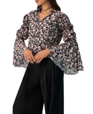 Women's Collared Long Sleeve Floral Print Blouse