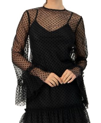 Women's Flocked Polka Dot Short Dress with Wide Long Sleeves