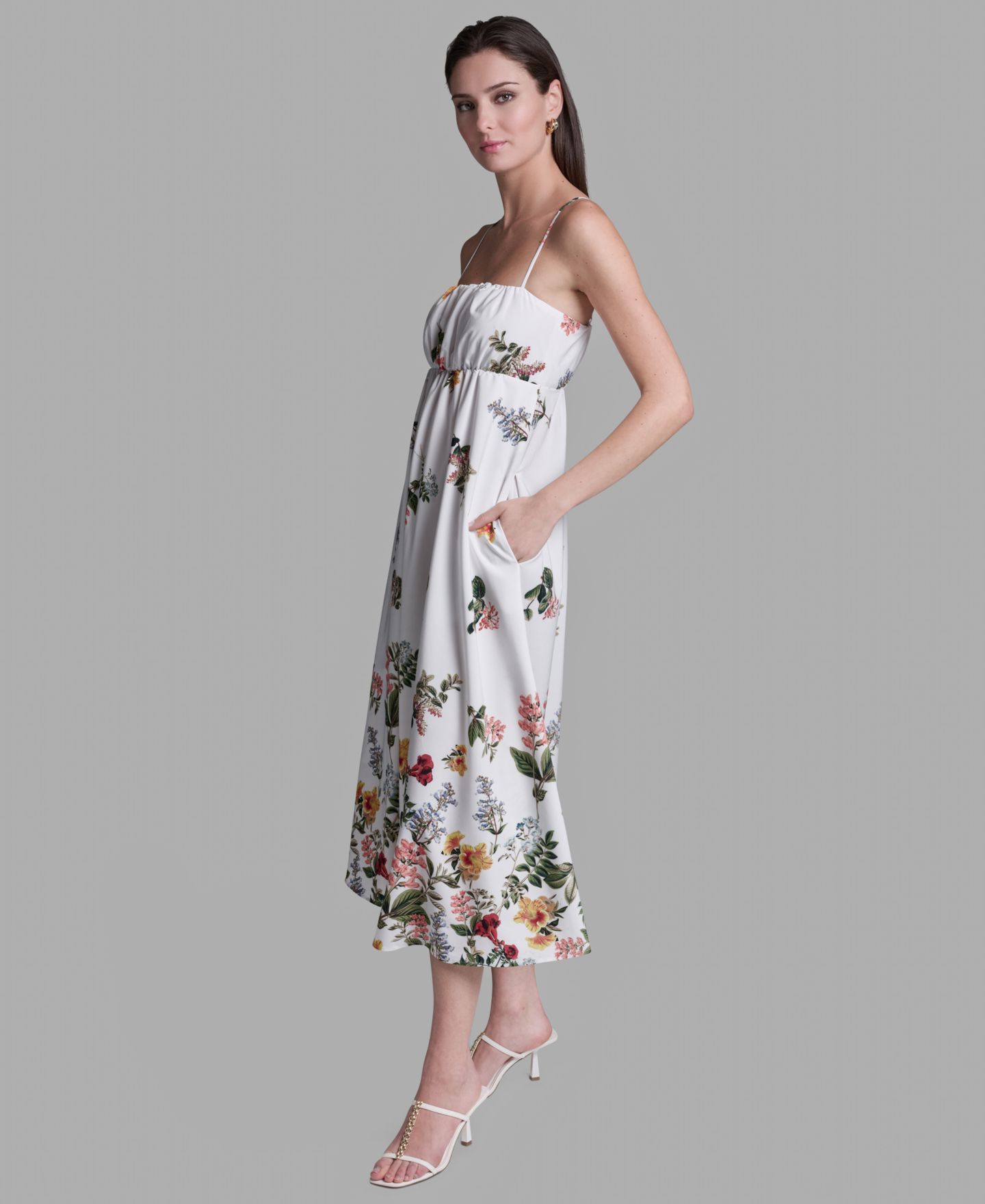 Женское платье BCBG Floral Print Square Neck Midi, цвет: Белый разноцветный — фото 3