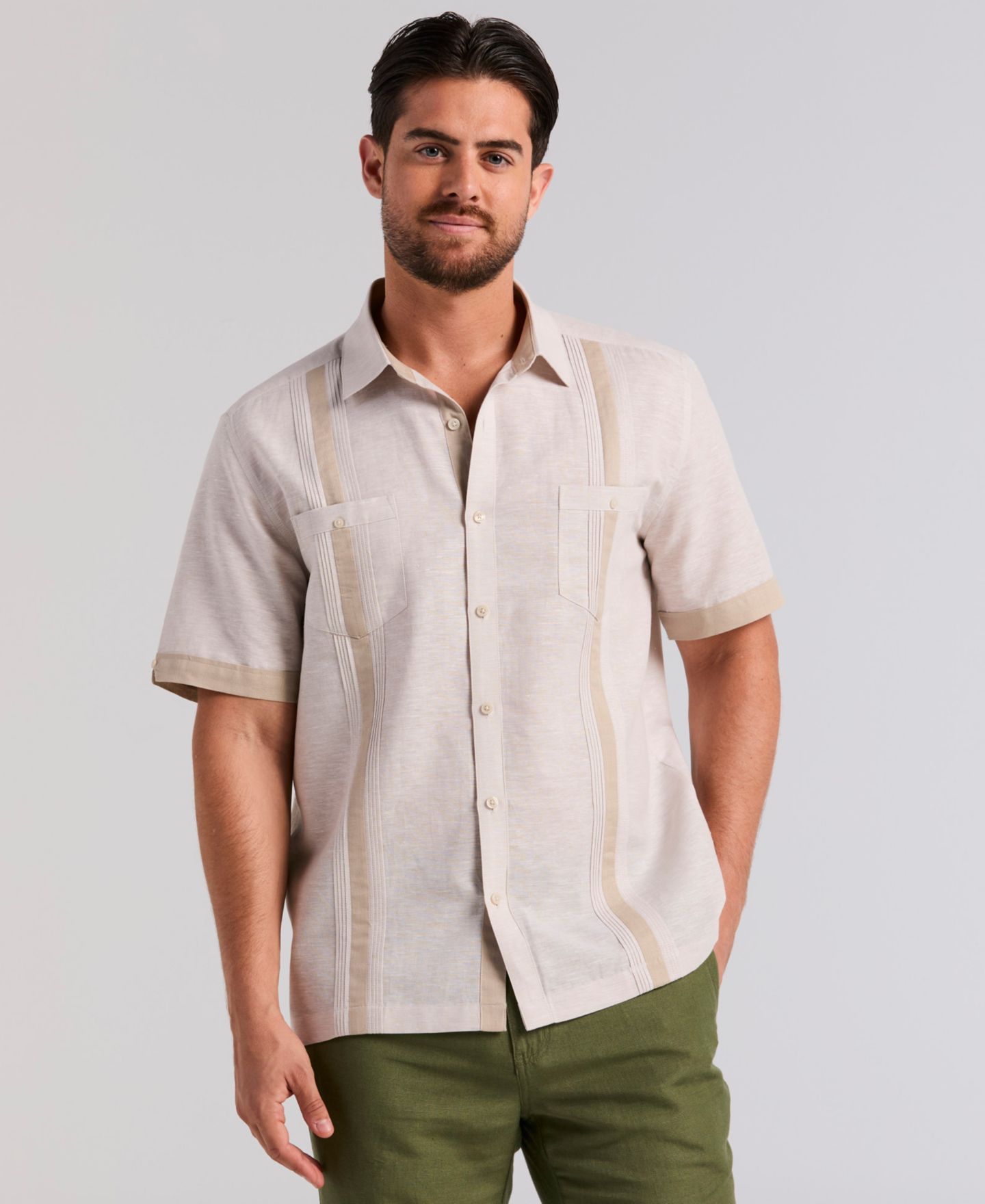 Мужская рубашка Cubavera Cross-Dyed Linen-Blend Short-Sleeve Pintucked, цвет: Серебряный — фото 1