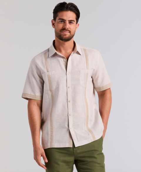 Мужская рубашка Cubavera Cross-Dyed Linen-Blend Short-Sleeve Pintucked, цвет: Серебряный