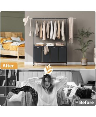 Rolling Laundry Sorter Hamper 4 Section Basket with Hanging Rack Plus Wheels Organizer for Laundry Room Rustic