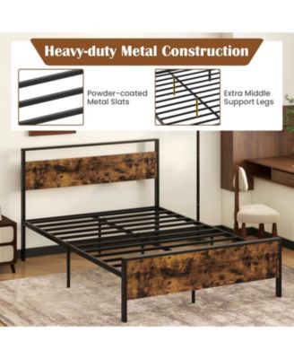Industrial Metal Platform Bed with Wooden Headboard