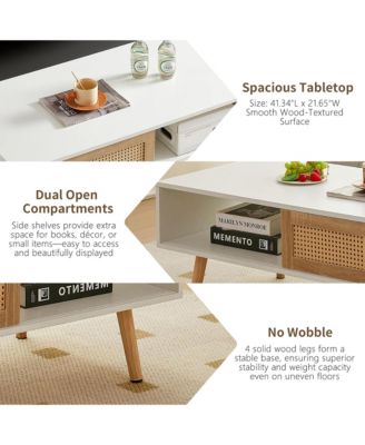 Rattan Coffee Table, Rectangle Wooden Center Tables with Sliding Door and Solid Wood Legs for Living Room, Home Office