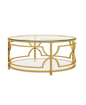 Round Tempered Glass Coffee Table, Modern 2-Tier Center Table, Luxurious Geometric Metal Frame for Living Room, Transparent