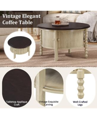 Vintage Round Coffee Table, Fluted Center Table with Sliding Door, Slatted Design for Living Room, Small Space