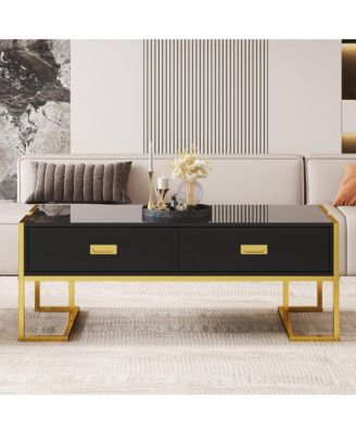 Rectangular Coffee Table, Modern 47.4" Center Table with 4 Drawers and Gold Metal Base for Living Room, Home Office