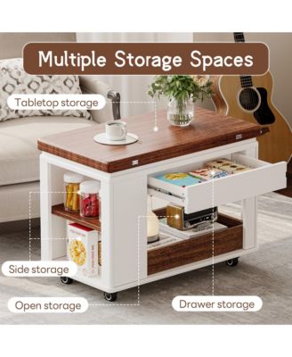 Modern Coffee Table, Multi-Tier Storage Side Table with Foldable Top and Casters, Center Table for Living Room, Home Office