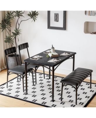 5 Piece Dining Set for 4, Rectangular Metal Frame Table with Bench & Upholstered Chairs, Space Saving Dining Set