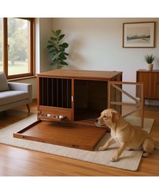  43" Solid Wood Dog Crate Furniture End Table with Rotating Feeder and Removable Tray