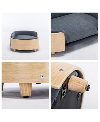 Mid-Century Wooden Pet Bed with Light Velvet Cushion