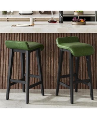 Bar Stools Set of 2, Modern Upholstered Kitchen Stools with Low Back, Footrest & Wood Legs, Counter Height for Kitchen or Dining.