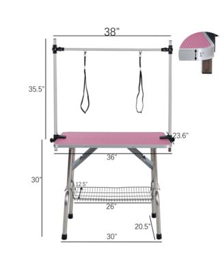 36" Pink Folding Pet Grooming Table with Stainless Steel Frame and Adjustable Arm
