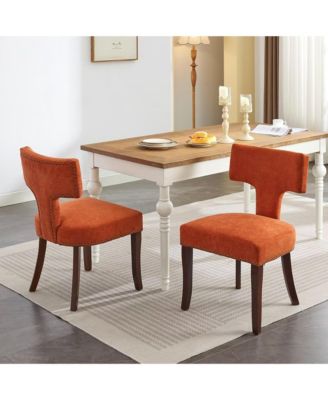 Modern Wooden Dining Chairs Set of 2 - Linen Upholstered Kitchen Chairs with Curved Backrest, Copper Nails for Dining Room