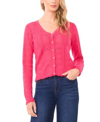 Women's V-Neck Pointelle Cotton Cardigan Sweater