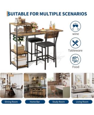 3-Piece Expandable Dining Table Set for 2, Compact Bar Height Table w/Storage & Wine Rack, Ideal for Small Kitchens