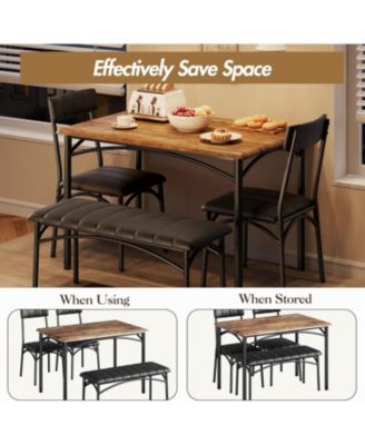 5 Piece Dining Set for 4, Rectangular Metal Frame Table with Bench & Upholstered Chairs, Compact Table for Small Spaces